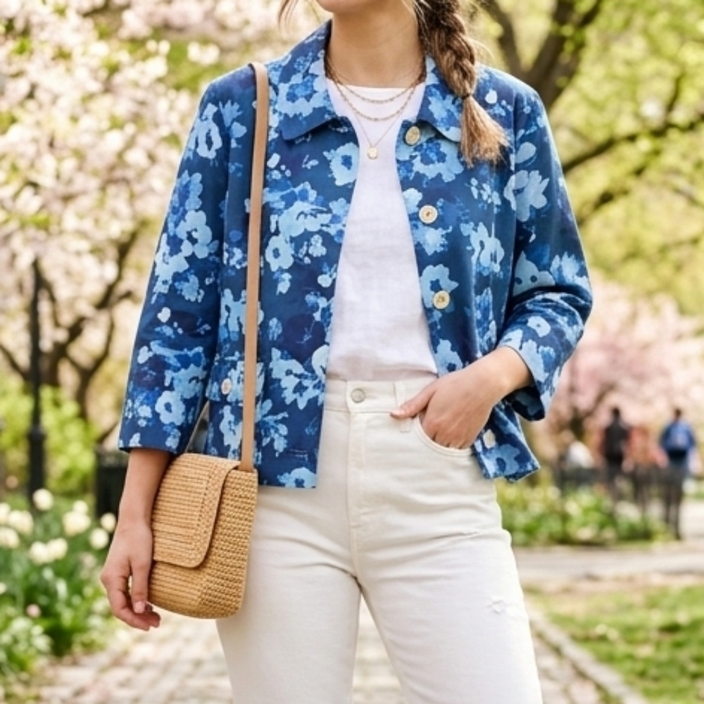 J.Crew Blue Floral Chore Jacket Re-Imagined Cotton Blend Size 14 Spring